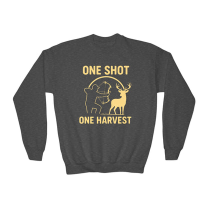 One Shot One Harvest Youth Unisex Sweatshirt | Kids Outdoor Apparel, Fall Season Gift, Youth Crewneck Sweatshirt