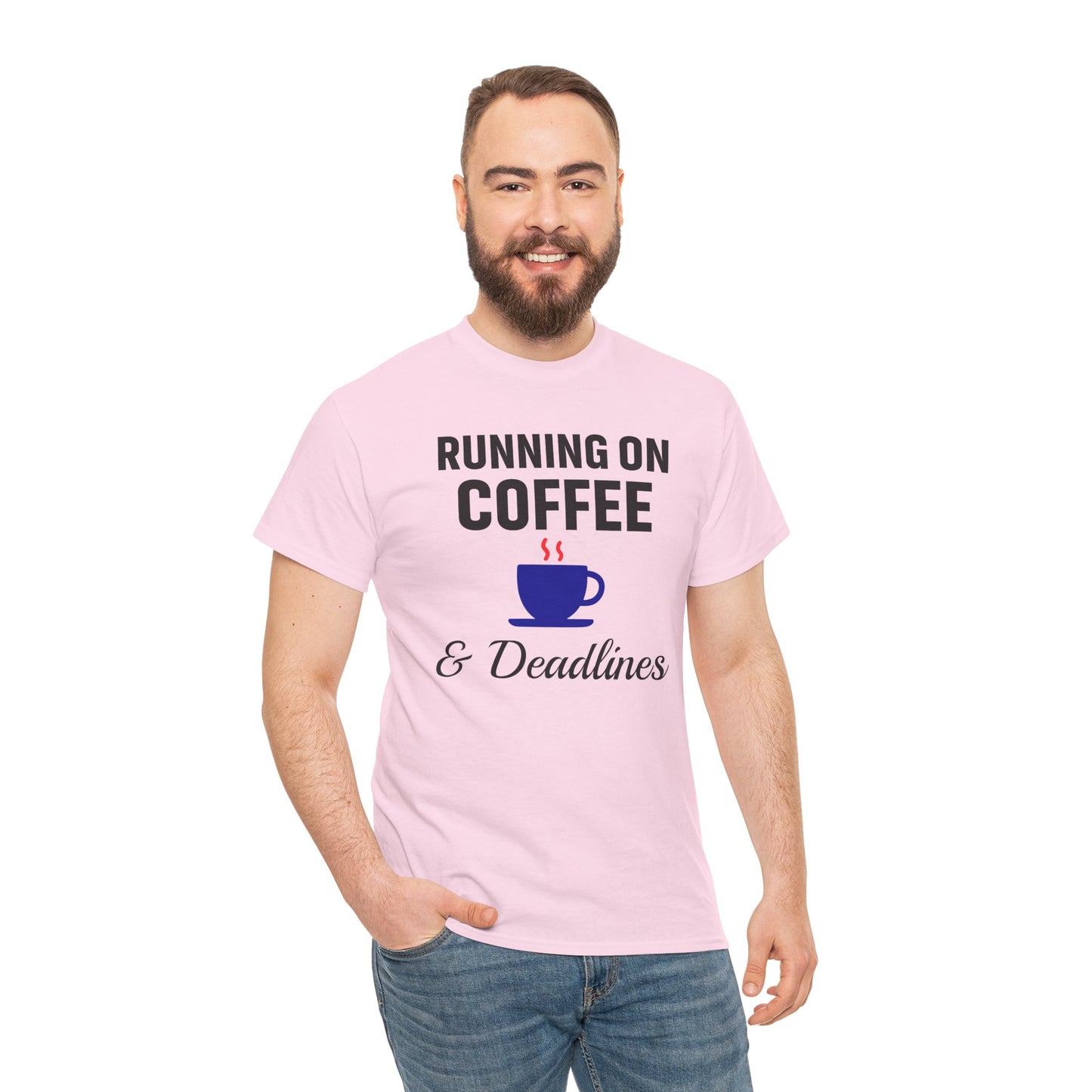 Running On Coffee And Deadlines Unisex T-Shirt | Funny Coffee Lover Tee, Gift for Coffee Addicts, Casual Wear, Office Gift