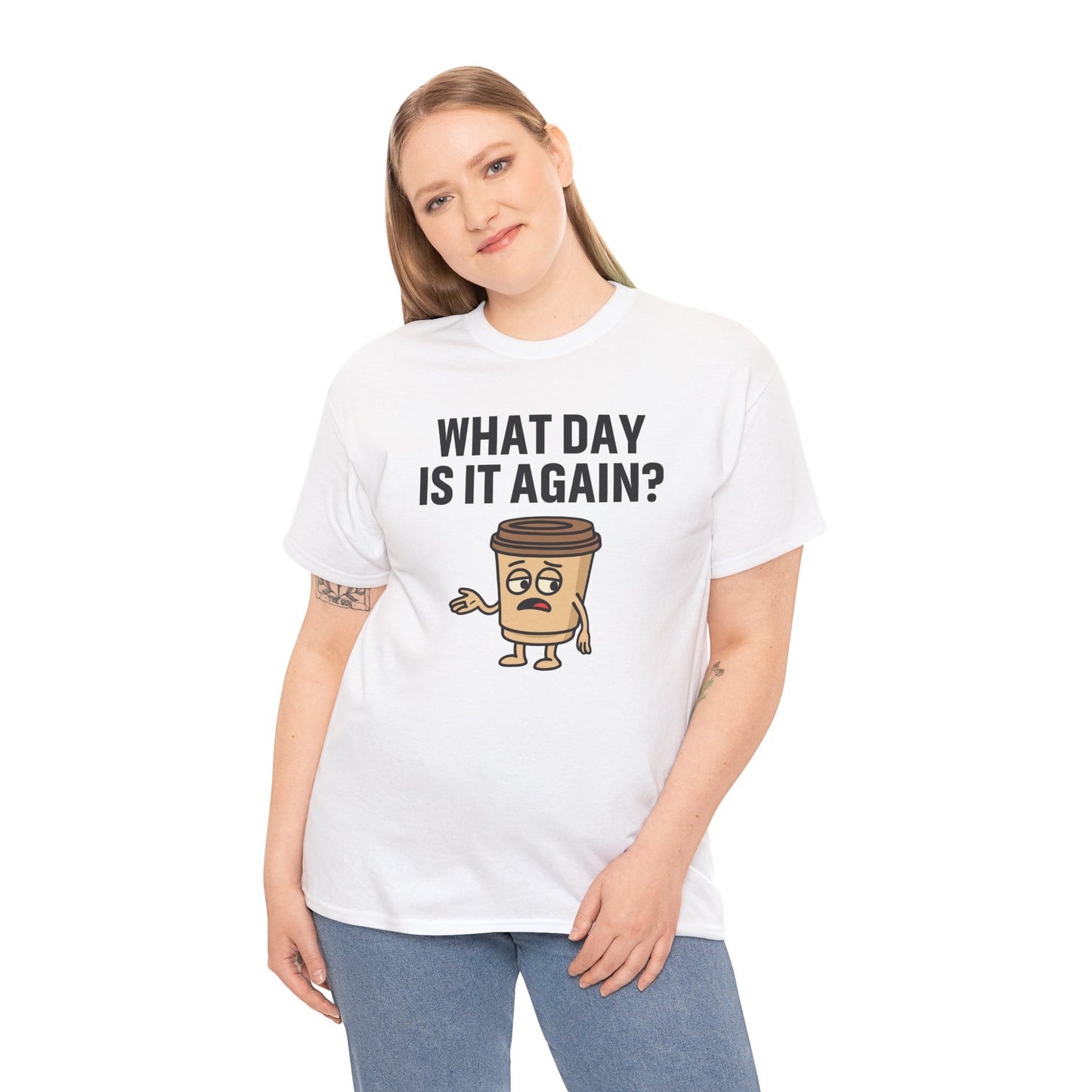 Coffee Cup Guy What Day Is It Again? Unisex T-Shirt | Funny Coffee Shirt, Casual Gift, Coffee Lover Apparel, Perfect for Office Attire
