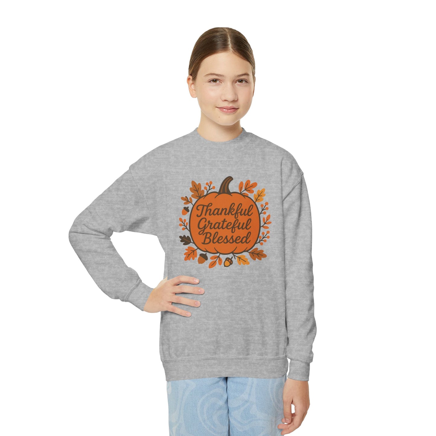 Thankful Grateful Blessed Youth Unisex Sweatshirt | Cozy Autumn Wear, Thanksgiving Gift, Family Gathering Outfit