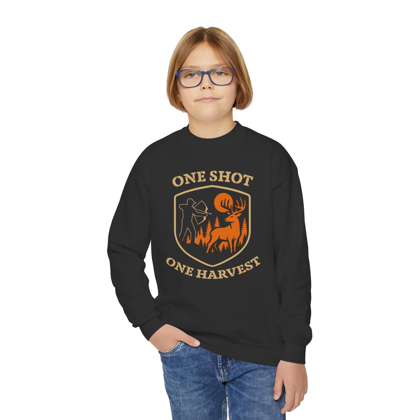 One Shot One Harvest Youth Unisex Sweatshirt | Perfect Gift for Young Hunters, Outdoor Sportswear, Fall and Winter Apparel