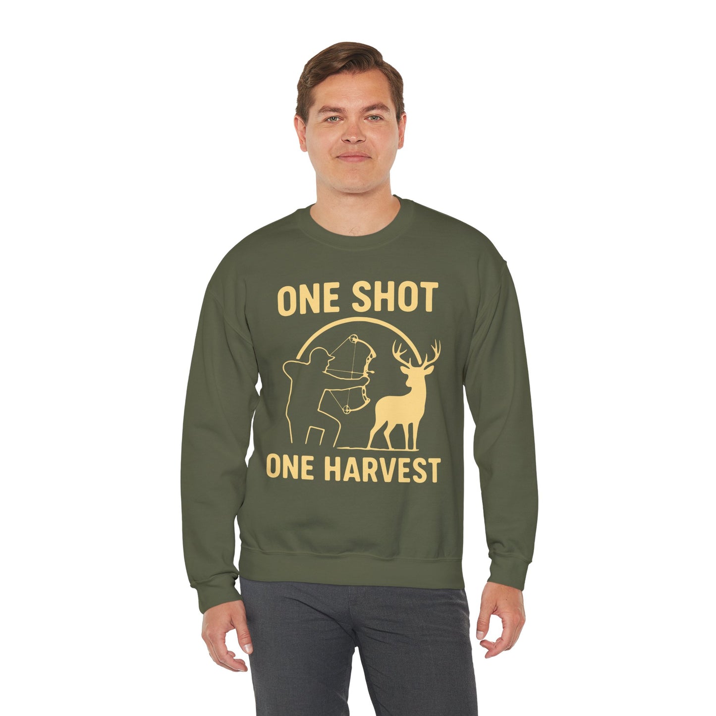 Hunting-Themed Crewneck Sweatshirt, Outdoor Apparel, Gift for Hunters, Fall Fashion, Men's Sweatshirt, One Shot One Harvest
