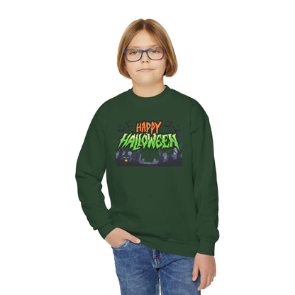 Happy Halloween Youth Crewneck Sweatshirt, Cute Halloween Gift, Spooky Sweatshirt, Fall Fashion, Kids Halloween Apparel