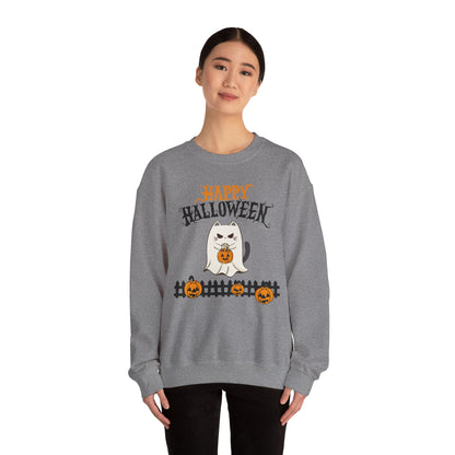Halloween Cat Crewneck Sweatshirt, Cozy Fall Style, Unisex, Pumpkins, Cute Cat