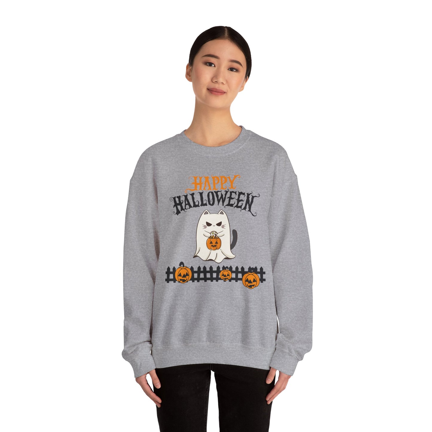 Halloween Cat Crewneck Sweatshirt, Cozy Fall Style, Unisex, Pumpkins, Cute Cat