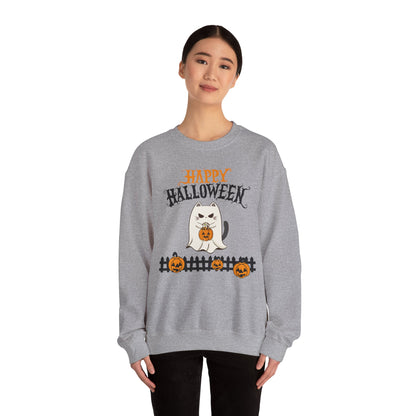 Halloween Cat Crewneck Sweatshirt, Cozy Fall Style, Unisex, Pumpkins, Cute Cat