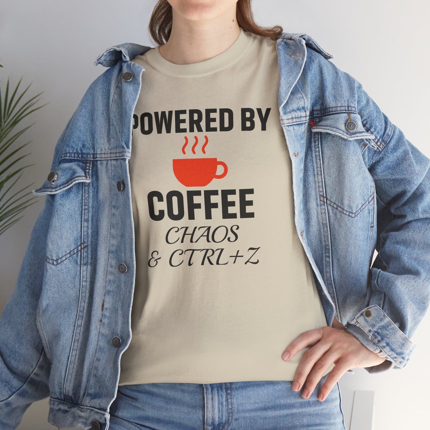 Powered By Coffee Chaos And CTRL+Z Unisex T-Shirt | Funny Coffee Lover Shirt, Perfect Office Gift, Casual Wear, Everyday Humor