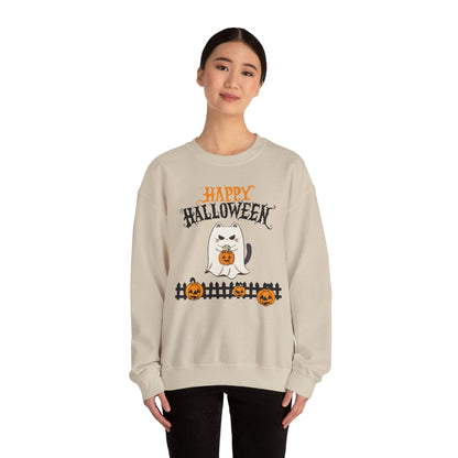 Halloween Cat Crewneck Sweatshirt, Cozy Fall Style, Unisex, Pumpkins, Cute Cat