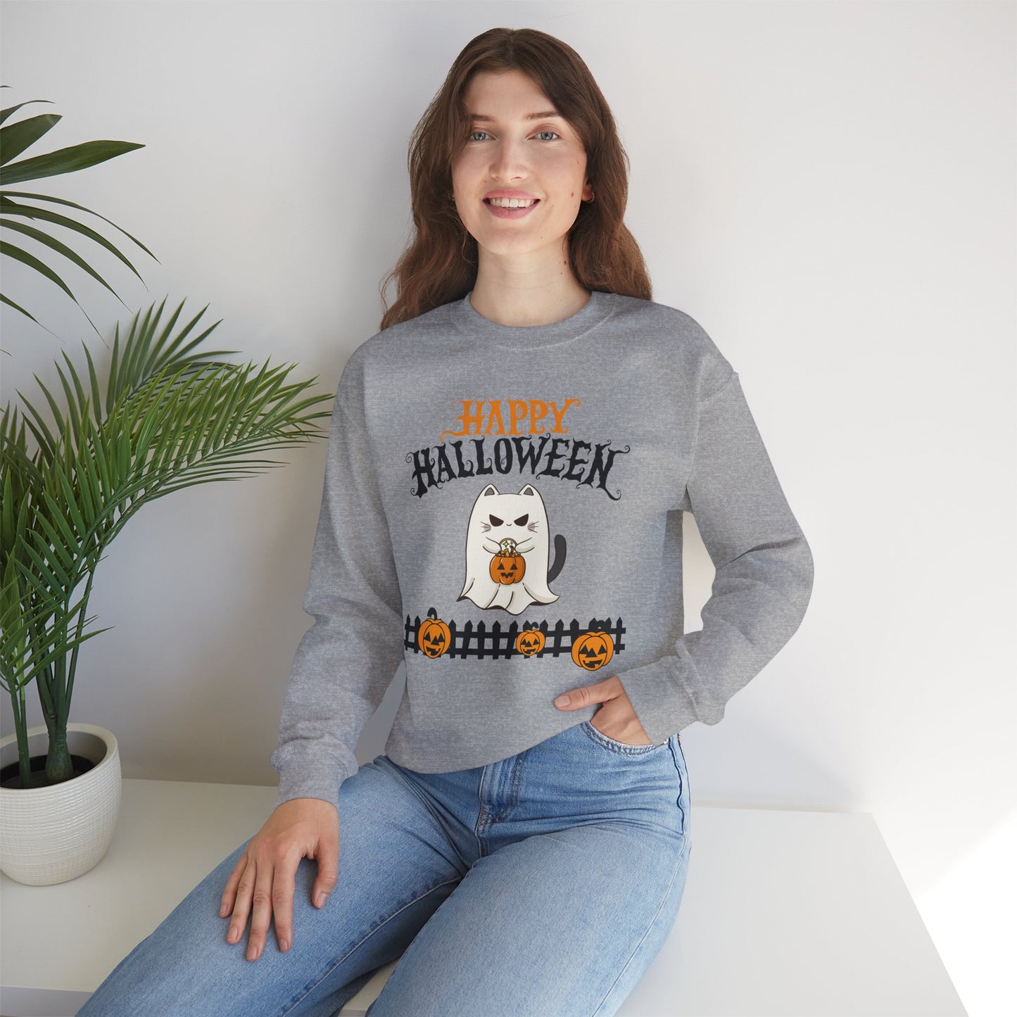 Halloween Cat Crewneck Sweatshirt, Cozy Fall Style, Unisex, Pumpkins, Cute Cat