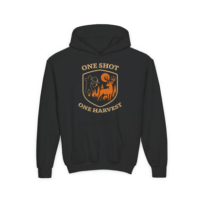 Hunting-themed Youth Hoodie, One Shot One Harvest Sweatshirt, Outdoor Gift for Teens, Fall Fashion for Kids, Perfect for Thanksgiving