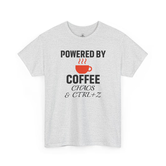 Powered By Coffee Chaos And CTRL+Z Unisex T-Shirt | Funny Coffee Lover Shirt, Perfect Office Gift, Casual Wear, Everyday Humor