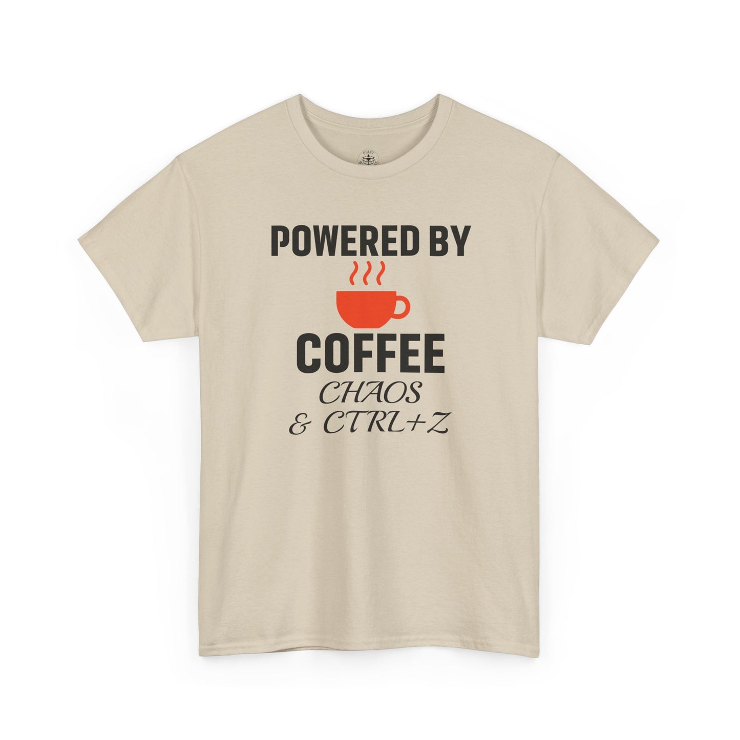 Powered By Coffee Chaos And CTRL+Z Unisex T-Shirt | Funny Coffee Lover Shirt, Perfect Office Gift, Casual Wear, Everyday Humor