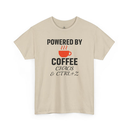 Powered By Coffee Chaos And CTRL+Z Unisex T-Shirt | Funny Coffee Lover Shirt, Perfect Office Gift, Casual Wear, Everyday Humor