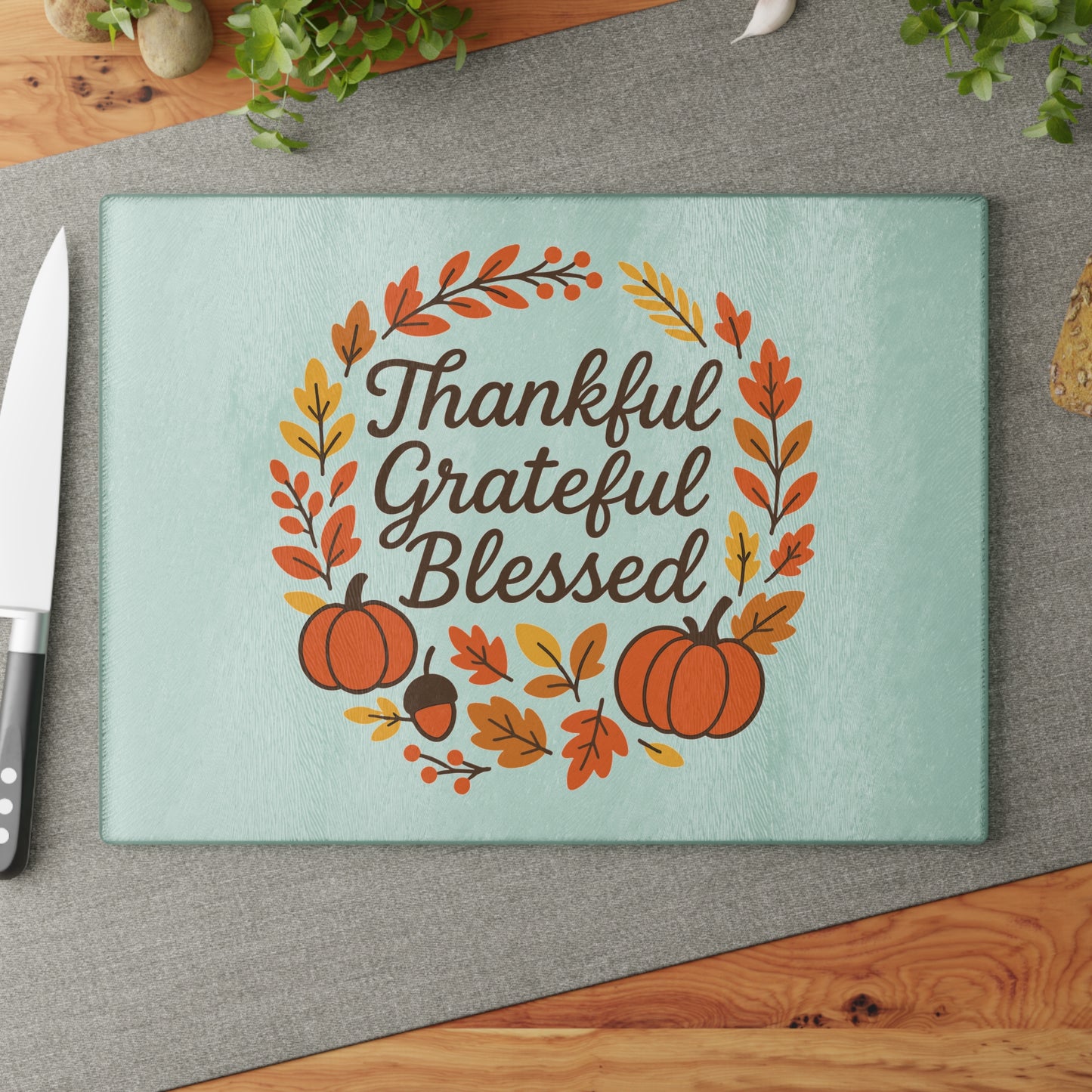 Thankful Grateful Blessed Glass Cutting Board | Seasonal Home Decor, Thanksgiving Gift, Kitchen Accessory, Holiday Entertaining