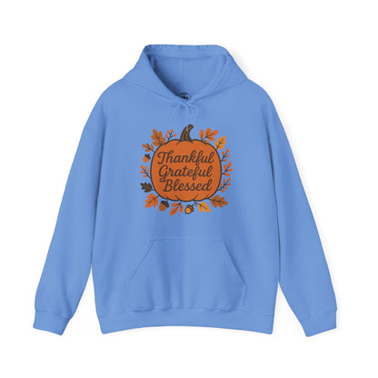 Thankful Grateful Blessed Unisex Hoodie | Cozy Fall Sweatshirt, Autumn Apparel, Thanksgiving Gift, Seasonal Comfort