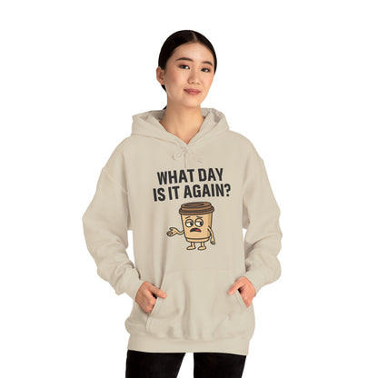 Coffee Cup Guy What Day Is It Again? Unisex Hoodie | Funny Coffee Themed Hoodie, Gift for Coffee Lovers, Comfy Lounge Wear