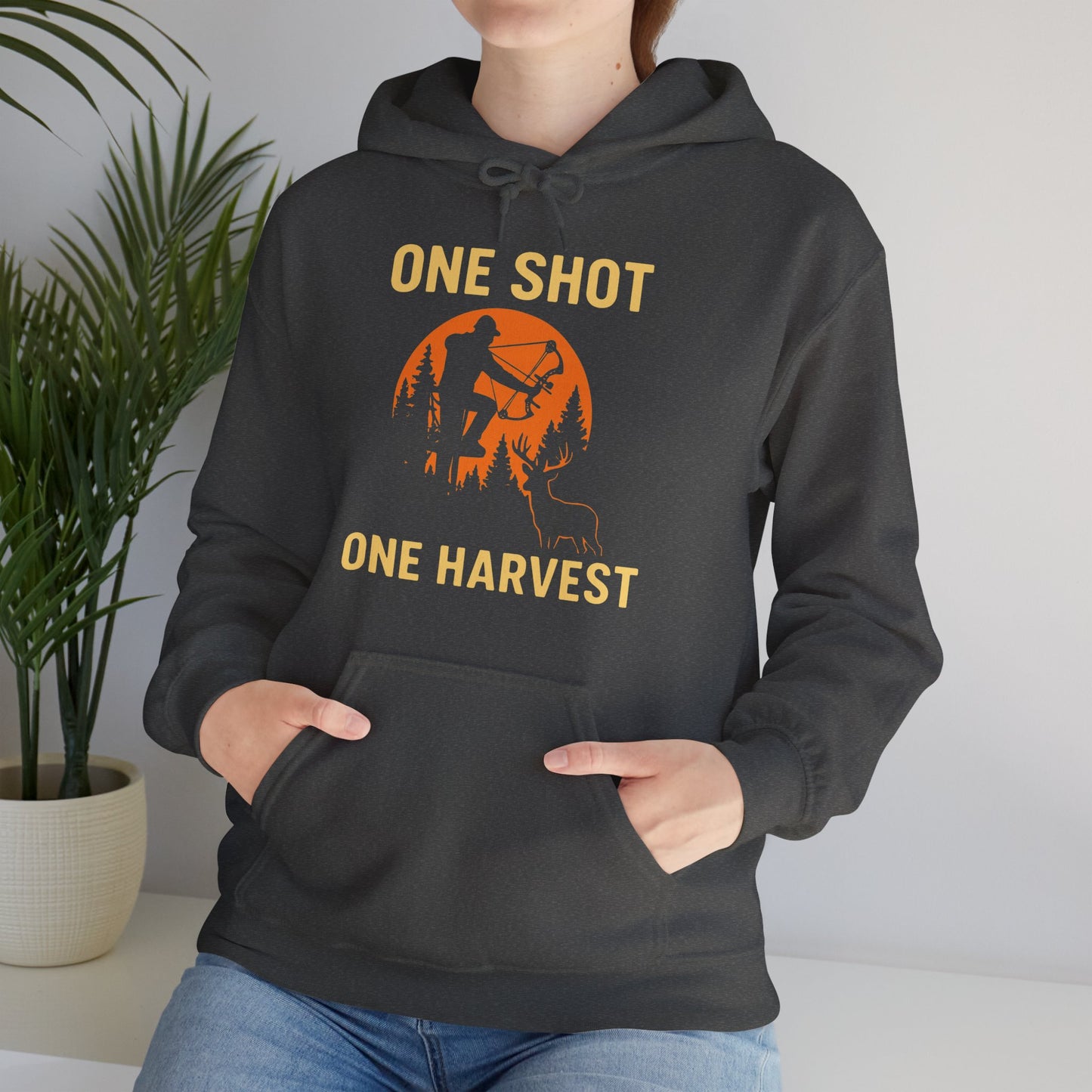 Hunting Theme Unisex Hoodie, One Shot One Harvest, Fall Apparel, Outdoor Gear, Gift for Hunters, Cozy Hoodie
