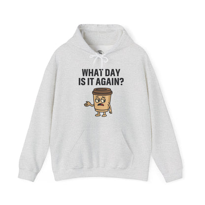 Coffee Cup Guy What Day Is It Again? Unisex Hoodie | Funny Coffee Themed Hoodie, Gift for Coffee Lovers, Comfy Lounge Wear