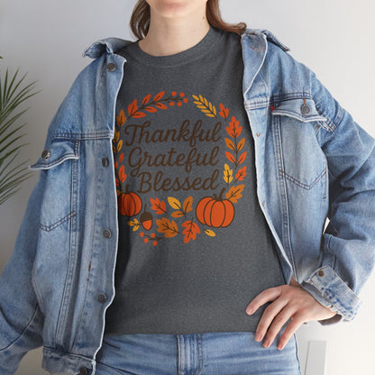 Thankful Grateful Blessed Tee, Fall T-Shirt, Thanksgiving Gift, Autumn Apparel, Unisex Graphic Tee