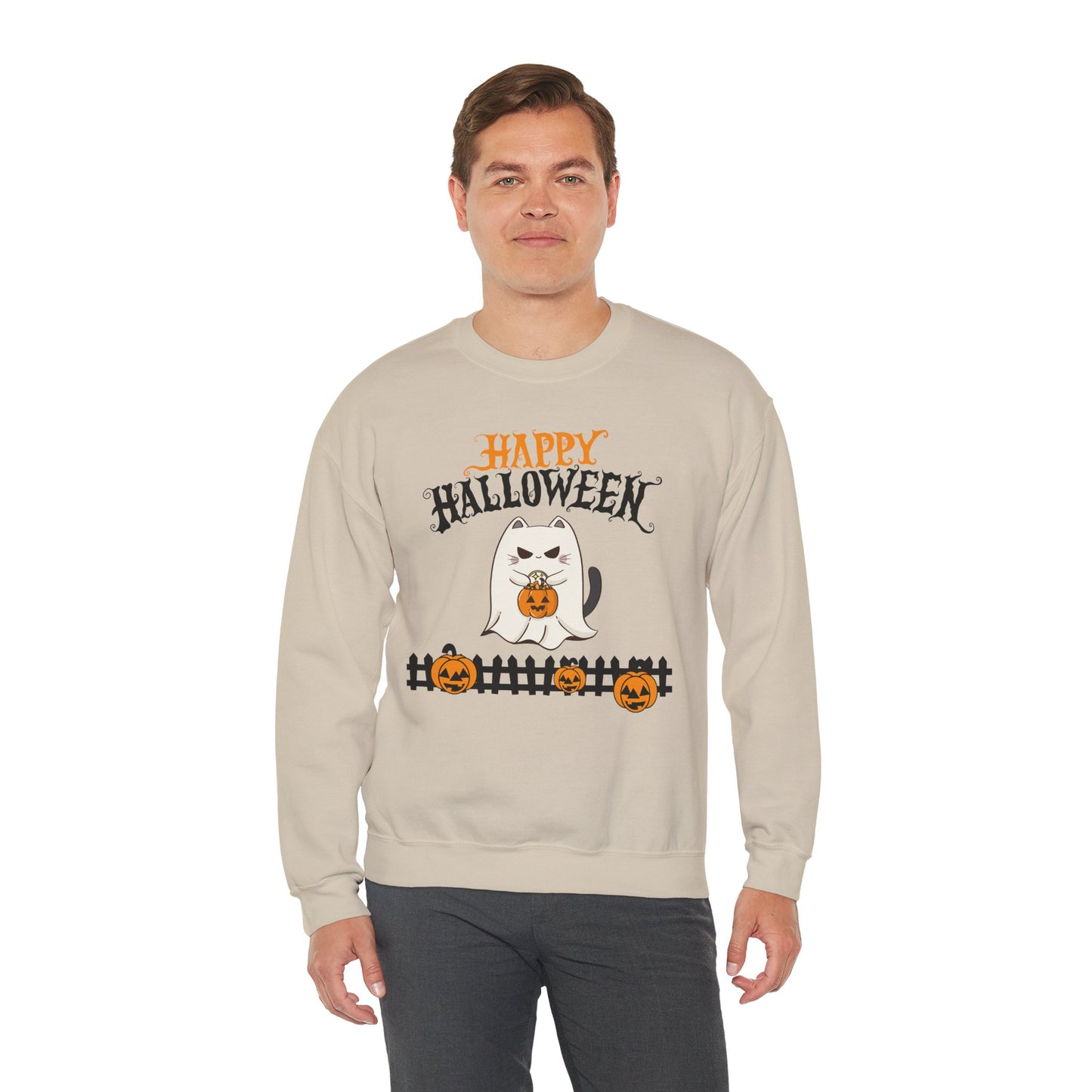 Halloween Cat Crewneck Sweatshirt, Cozy Fall Style, Unisex, Pumpkins, Cute Cat