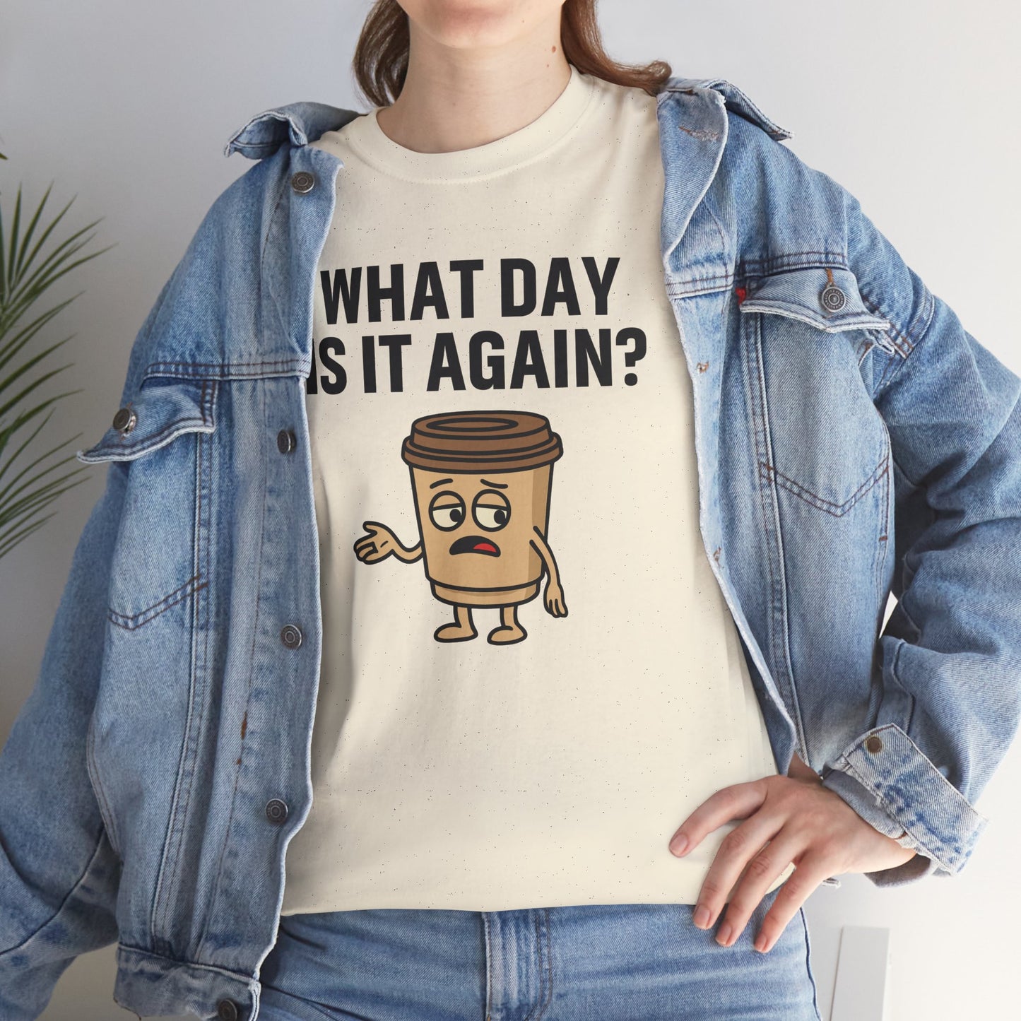 Coffee Cup Guy What Day Is It Again? Unisex T-Shirt | Funny Coffee Shirt, Casual Gift, Coffee Lover Apparel, Perfect for Office Attire