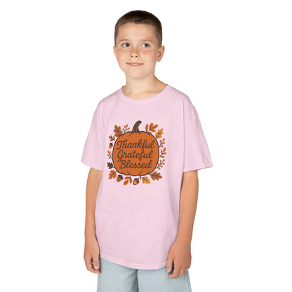 Thankful Grateful Blessed Kids Tee, Fall Shirt, Autumn Outfit, Thanksgiving Gift, Kids Cotton T-Shirt
