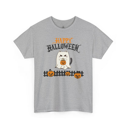 Halloween Cat Heavy Cotton Tee, Unisex, Spooky Fall Apparel, Cat Lover Shirt
