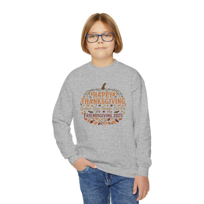 Happy Thanksgiving Youth Crewneck Sweatshirt, Fall Apparel, Pumpkin Design, Cozy Gift, Friendsgiving 2025
