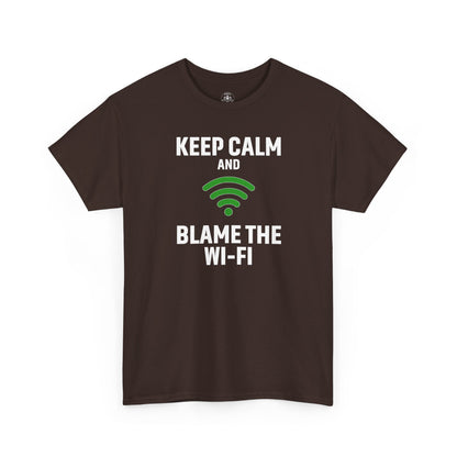 Keep Calm Blame the Wi-Fi Tee, Funny Unisex Heavy Cotton Tee, Perfect for Tech Lovers, Office Gifts, Internet Humor Shirt