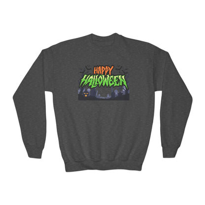 Happy Halloween Youth Crewneck Sweatshirt, Cute Halloween Gift, Spooky Sweatshirt, Fall Fashion, Kids Halloween Apparel