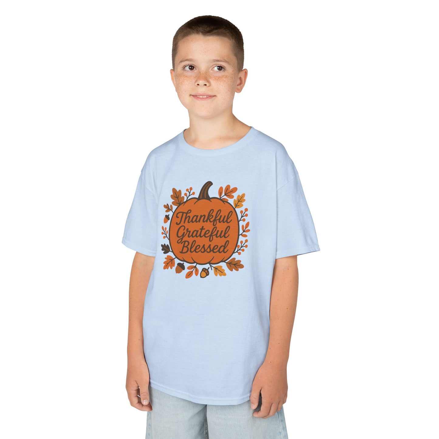 Thankful Grateful Blessed Kids Tee, Fall Shirt, Autumn Outfit, Thanksgiving Gift, Kids Cotton T-Shirt