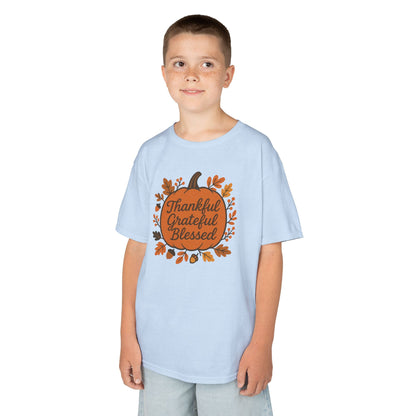 Thankful Grateful Blessed Kids Tee, Fall Shirt, Autumn Outfit, Thanksgiving Gift, Kids Cotton T-Shirt