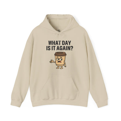 Coffee Cup Guy What Day Is It Again? Unisex Hoodie | Funny Coffee Themed Hoodie, Gift for Coffee Lovers, Comfy Lounge Wear