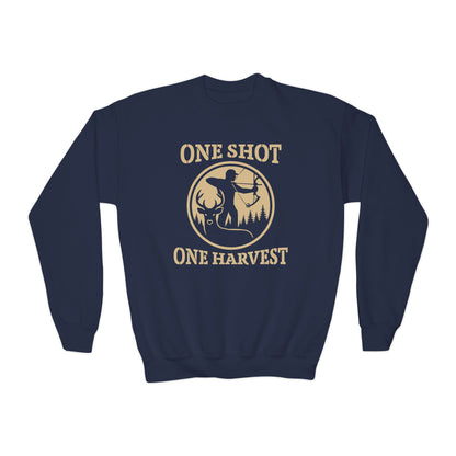 One Shot One Harvest Youth Unisex Sweatshirt | Cozy Outdoor Apparel, Perfect for Fall, Gifts for Young Hunters