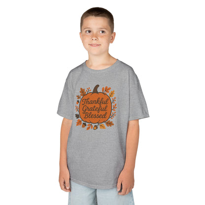 Thankful Grateful Blessed Kids Tee, Fall Shirt, Autumn Outfit, Thanksgiving Gift, Kids Cotton T-Shirt