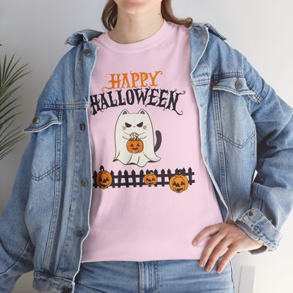 Halloween Cat Heavy Cotton Tee, Unisex, Spooky Fall Apparel, Cat Lover Shirt