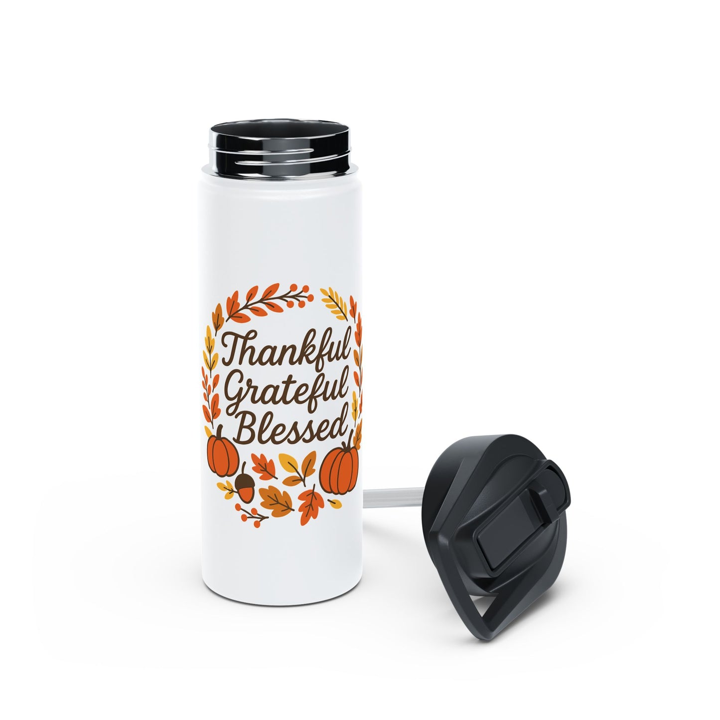 Thankful Grateful Blessed Stainless Steel Water Bottle - Fall Autumn Hydration Gift, Travel Mug, Reusable Drinkware, Gift for Friends