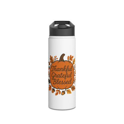 Thankful Grateful Blessed Stainless Steel Water Bottle | Fall Decor, Thanksgiving Gift, Eco-friendly Hydration, Inspirational Travel