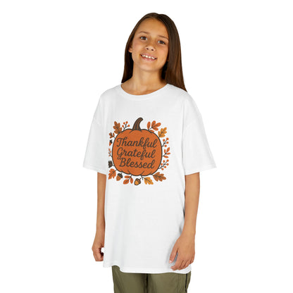 Thankful Grateful Blessed Youth Unisex T-Shirt | Fall Shirt, Autumn Outfit, Thanksgiving Gift, Kids Cotton Tee