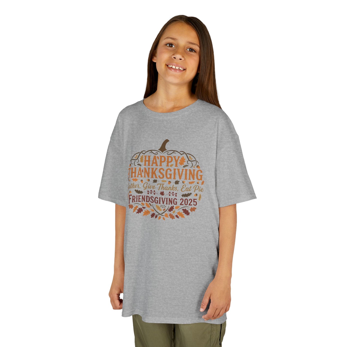Happy Thanksgiving Friendsgiving 2025 Youth Unisex T-Shirt | Cute Thanksgiving Shirt, Fall Kids Clothing, Pumpkin Graphic Tee