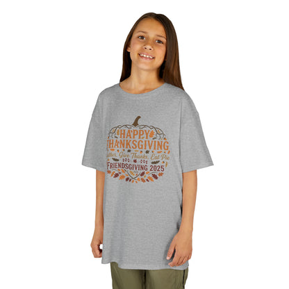 Happy Thanksgiving Friendsgiving 2025 Youth Unisex T-Shirt | Cute Thanksgiving Shirt, Fall Kids Clothing, Pumpkin Graphic Tee