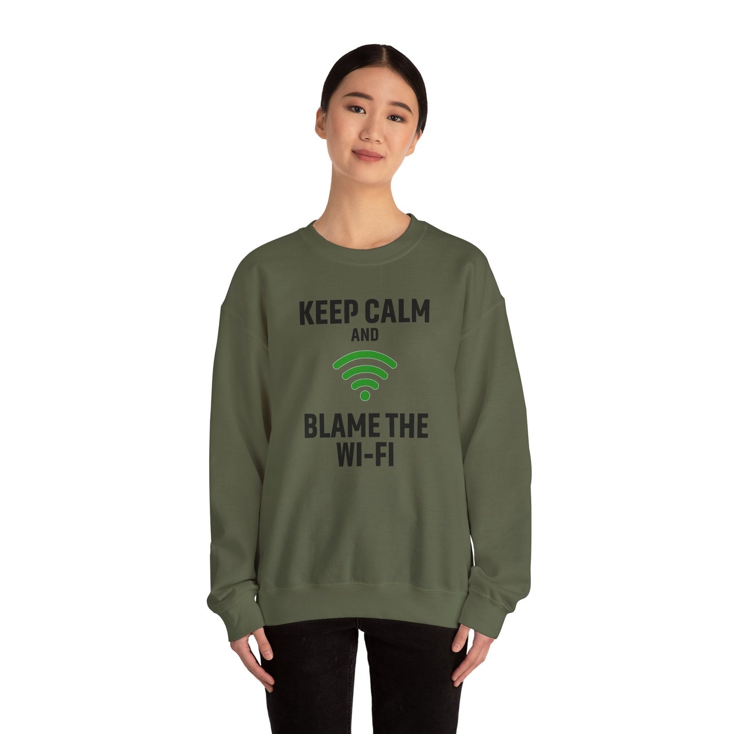 Keep Calm Blame the WiFi Funny  Sweatshirt, Geeky Crewneck, Internet Humor Apparel, Gift for Tech Lovers, Cozy Lounge Wear