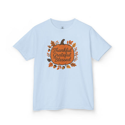 Thankful Grateful Blessed Kids Tee, Fall Shirt, Autumn Outfit, Thanksgiving Gift, Kids Cotton T-Shirt
