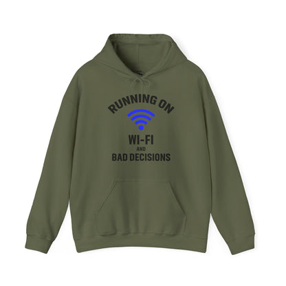 Running On Wi-Fi And Bad Decisions Unisex Hoodie | Fun Sweatshirt for Tech Lovers, Gift for College Students, Tech Humor Gift