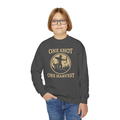 Youth Hunting Sweatshirt, Cozy Outdoor Apparel, Perfect for Fall, Gifts for Young Hunters, One Shot One Harvest Design