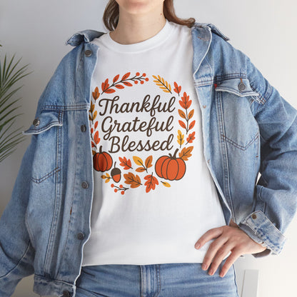 Thankful Grateful Blessed Tee, Fall T-Shirt, Thanksgiving Gift, Autumn Apparel, Unisex Graphic Tee