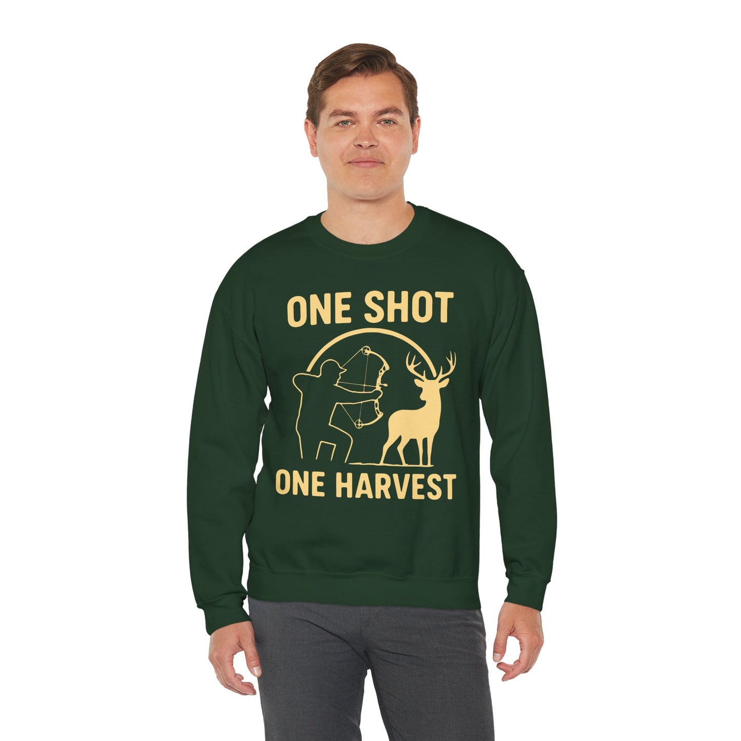 Hunting-Themed Crewneck Sweatshirt, Outdoor Apparel, Gift for Hunters, Fall Fashion, Men's Sweatshirt, One Shot One Harvest
