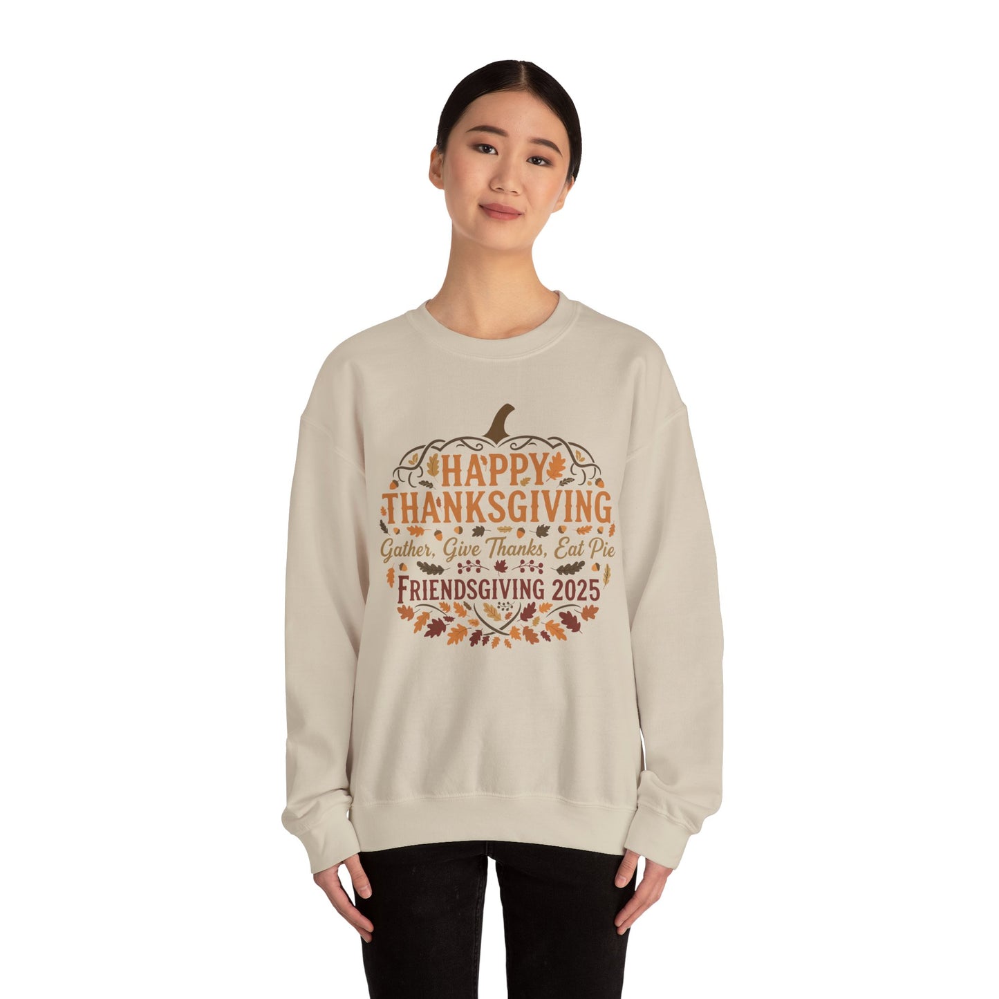 Happy Thanksgiving Friendsgiving 2025 Unisex Sweatshirt | Cozy Fall Apparel, Gift for Friends, Pumpkin Design, Autumn Fashion