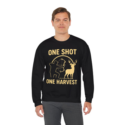 Hunting-Themed Crewneck Sweatshirt, Outdoor Apparel, Gift for Hunters, Fall Fashion, Men's Sweatshirt, One Shot One Harvest