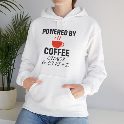 Powered By Coffee Chaos And CTRL+Z Unisex Hoodie | Cozy Gift for Coffee Lovers, Funny Sweatshirt, Office Work Attire, Perfect Gift